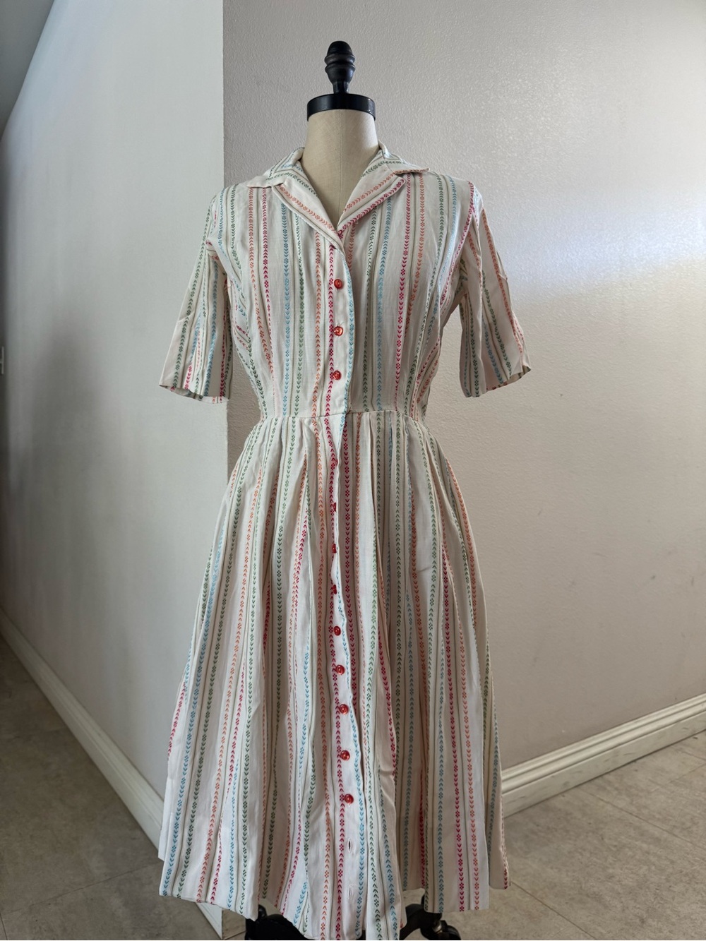 Bobbie Brooks Cream Midi Shirt Dress with Red and Green Stripes